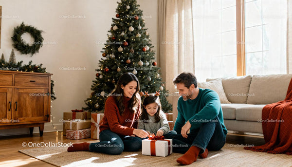Family Unwrapping Christmas Gift by Decorated Tree