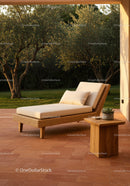 Elegant Outdoor Lounge Chair with Beige Cushions and Wooden Side Table