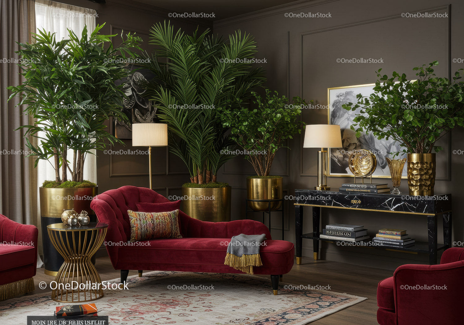 Elegant living room with red velvet chaise lounge and greenery