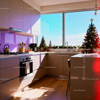 Modern kitchen with festive Christmas decorations