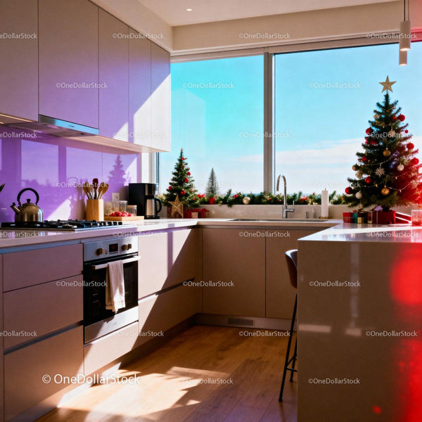 Modern kitchen with festive Christmas decorations