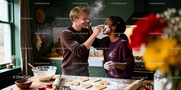 Couple Having Fun Baking Heart-Shaped Cookies Together
