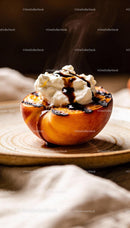 Grilled Peach with Whipped Cream and Drizzle on Plate