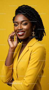 Confident Woman Wearing Yellow Blazer with Elegant Jewelry