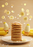 Stack of pancakes with playful banana characters and syrup