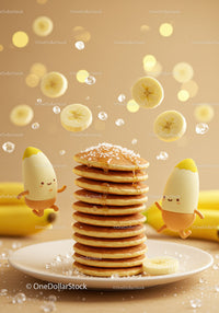 Stack of pancakes with playful banana characters and syrup