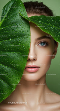 Portrait of a Woman with Bright Blue Eyes Peeking Through Large Green Leaf