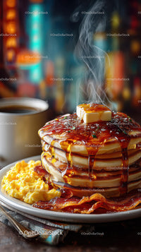 Stack of Fluffy Pancakes with Melted Butter and Syrup