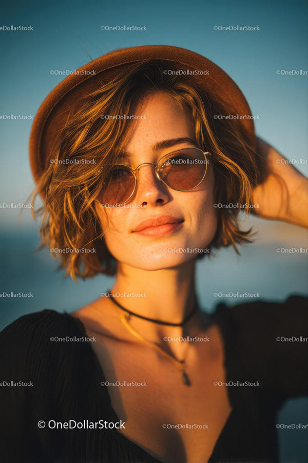 Young Woman Wearing Sunlight-Glow Sunglasses and Brown Hat