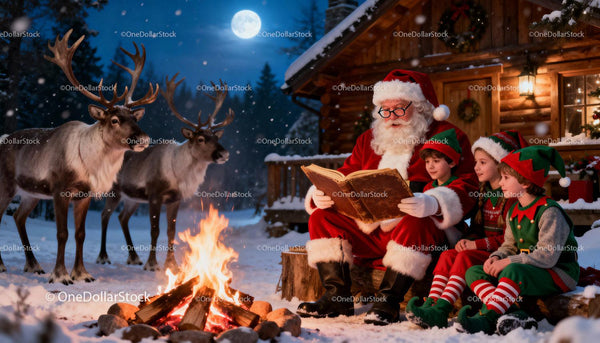Santa Claus Reading Stories to Children by Campfire