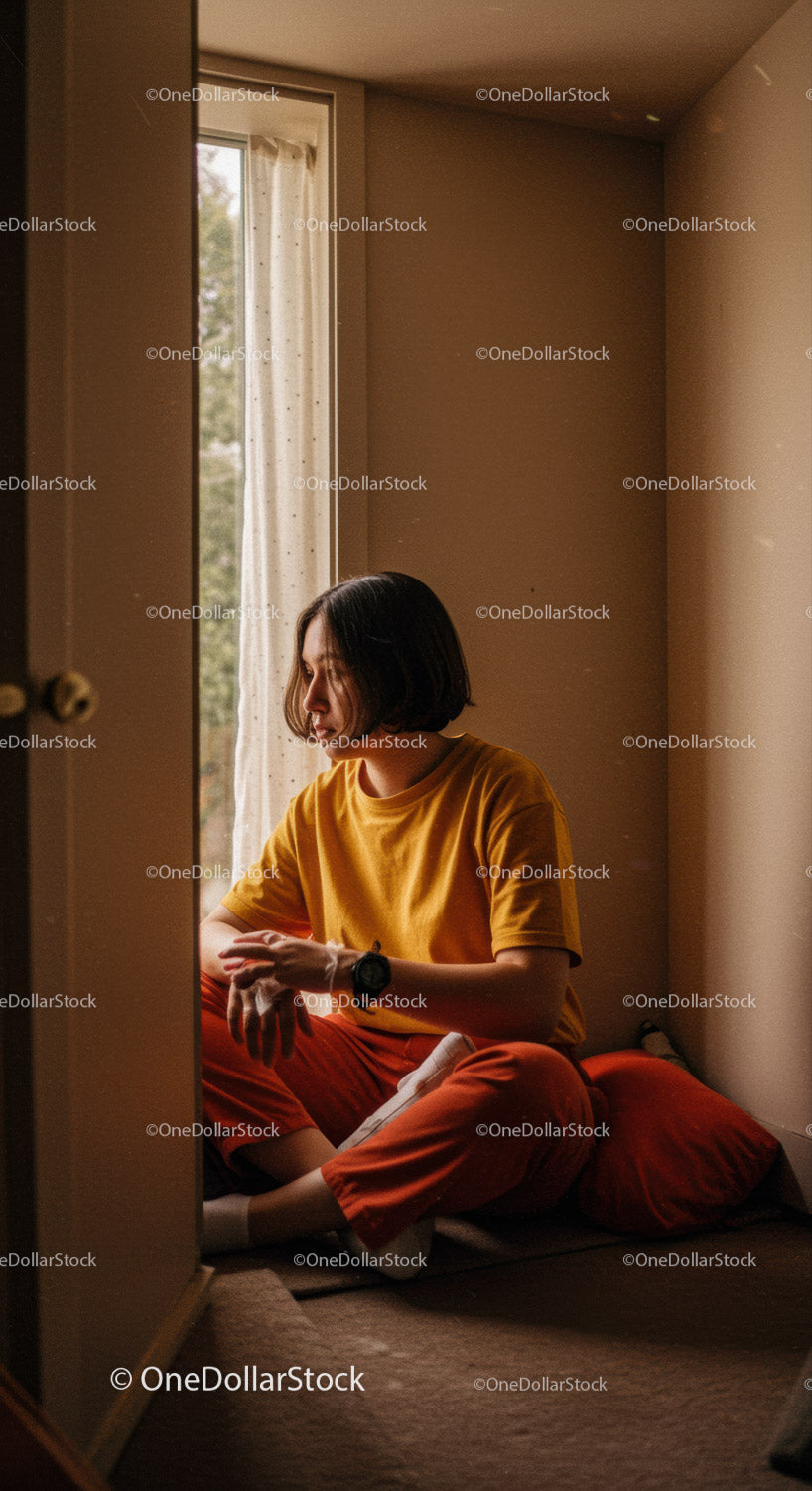 Contemplative Woman Sitting Cross-Legged by Window in Cozy Home Scene
