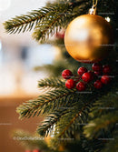 Close-up of Christmas tree decorated with golden bauble and berries