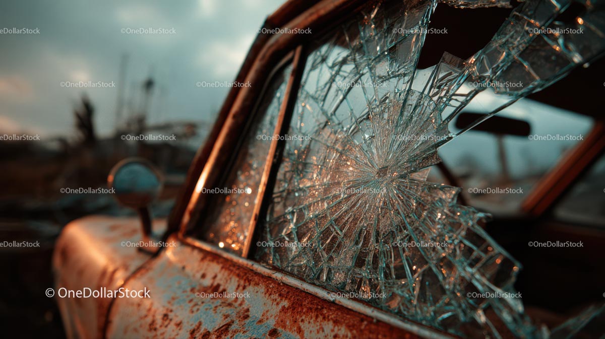 Abandoned Vintage Car with Broken Glass at Sunset