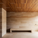 Contemporary Minimalist Interior with Beige Stone and Wooden Ceiling