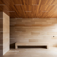 Contemporary Minimalist Interior with Beige Stone and Wooden Ceiling