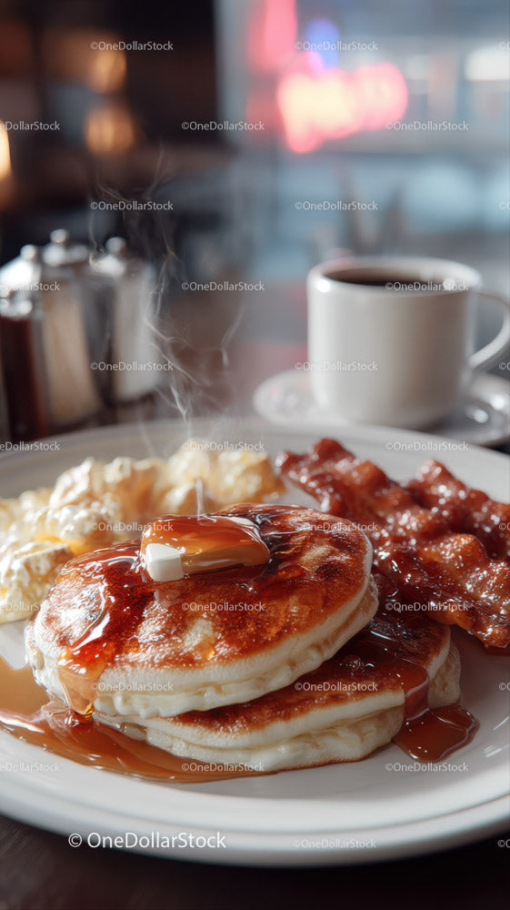 Stack of Fluffy Pancakes with Melted Butter and Syrup