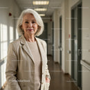 Elegant Senior Woman in Business Attire Standing in Modern Office Corridor
