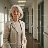 Elegant Senior Woman in Business Attire Standing in Modern Office Corridor