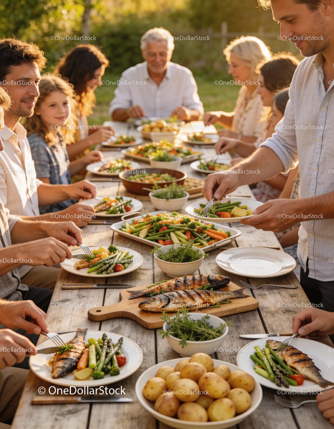 Family enjoying healthy grilled fish dinner outdoors