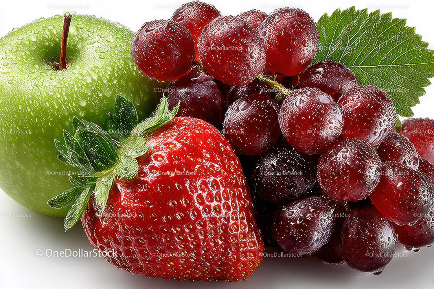 Fresh Strawberries Green Apple and Red Grapes with Water Droplets