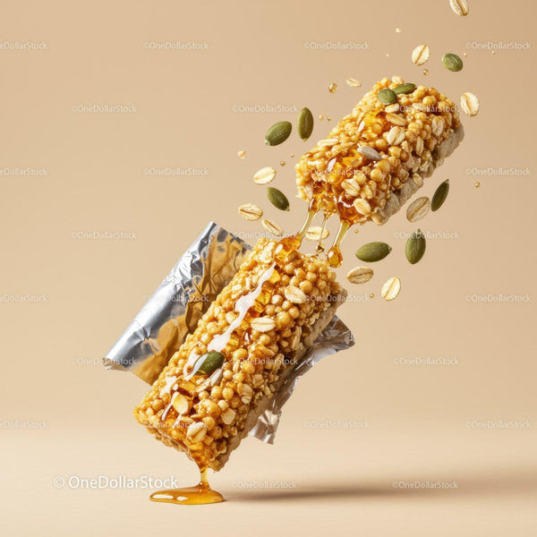 Crunchy Granola Bar Drizzled with Honey and Seeds