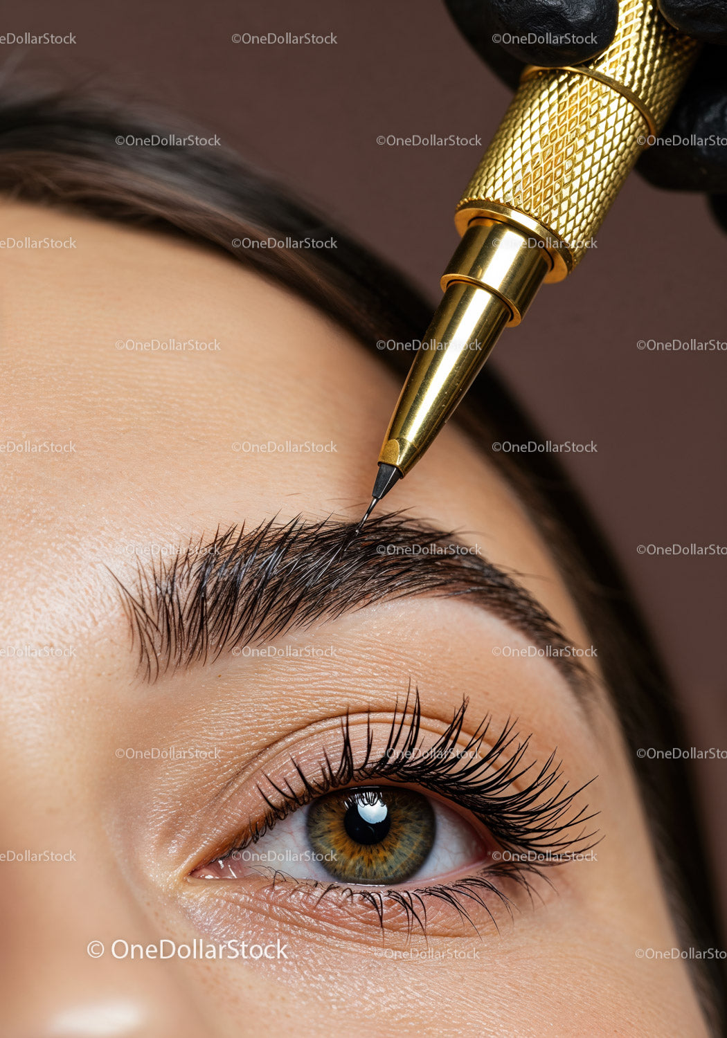 Close-Up of Microblading Eyebrow Tattooing Procedure with Gold Pen