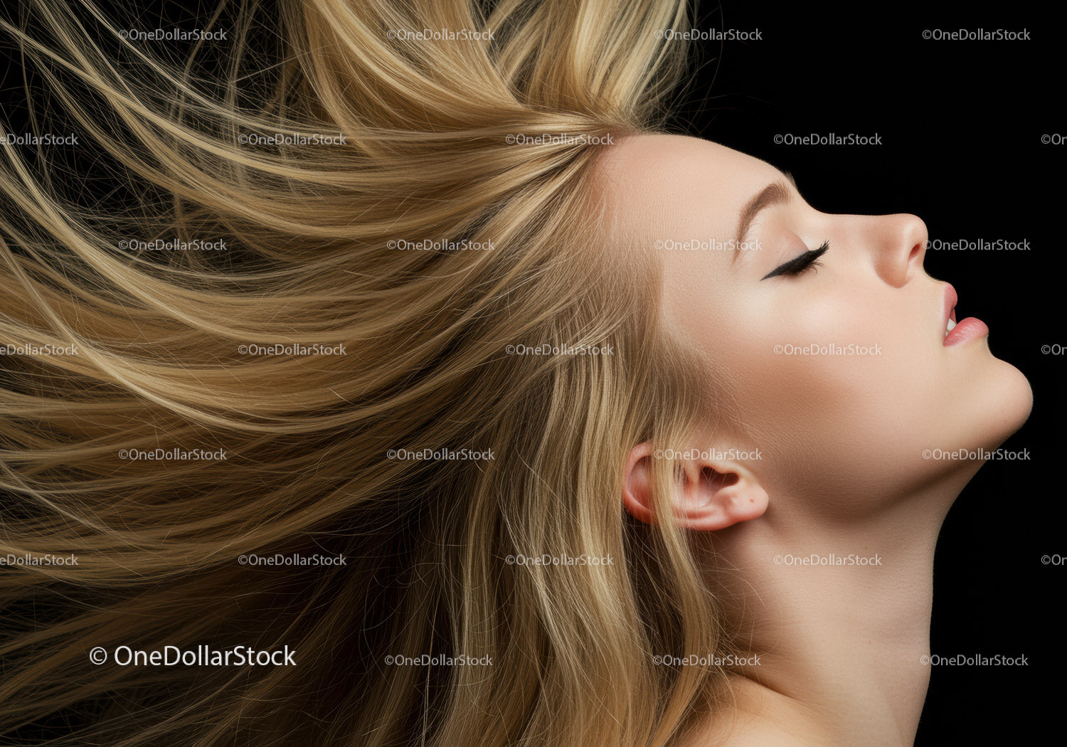 Blonde woman with flowing hair and serene expression