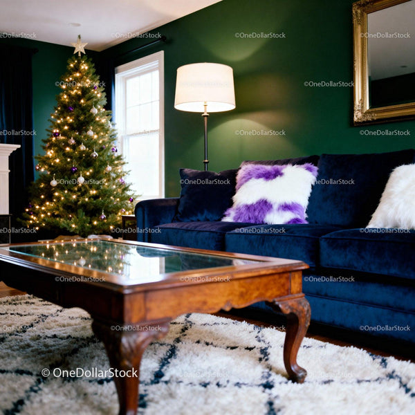 Cozy living room with decorated Christmas tree and velvet sofa
