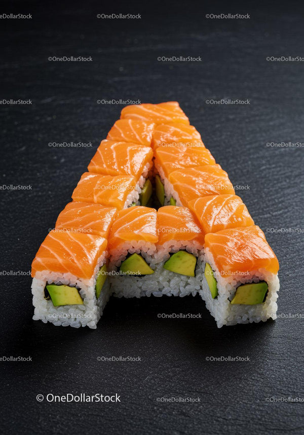 Rolki sushi ułożone w literę A na ciemnym łupku