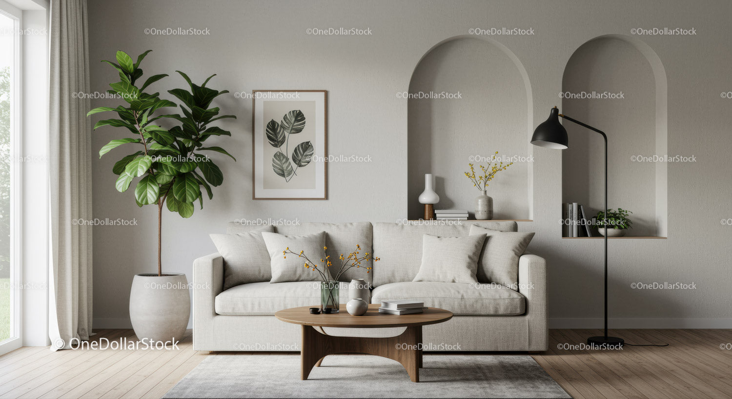 Minimalist beige living room with cozy sofa and plants