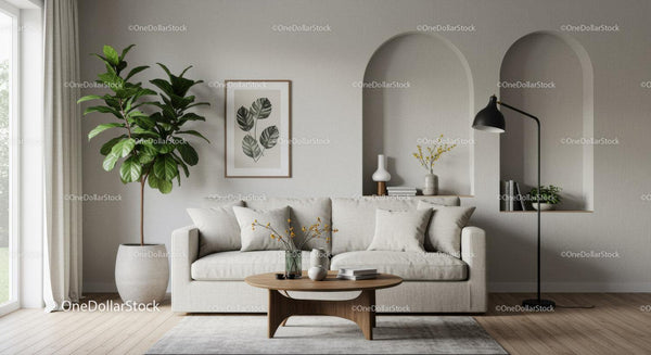 Minimalist beige living room with cozy sofa and plants