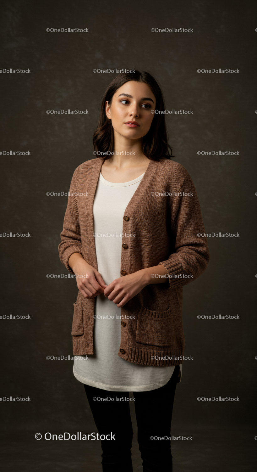 Young woman in cozy knit cardigan standing thoughtfully