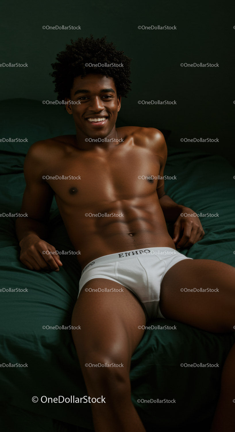 Smiling man relaxing on bed in white briefs