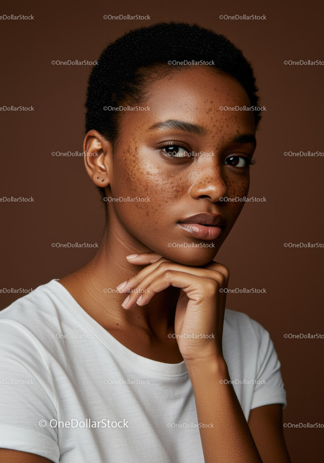 Portret młodej Afrykanki z naturalną skórą i krótkimi kręconymi włosami.
