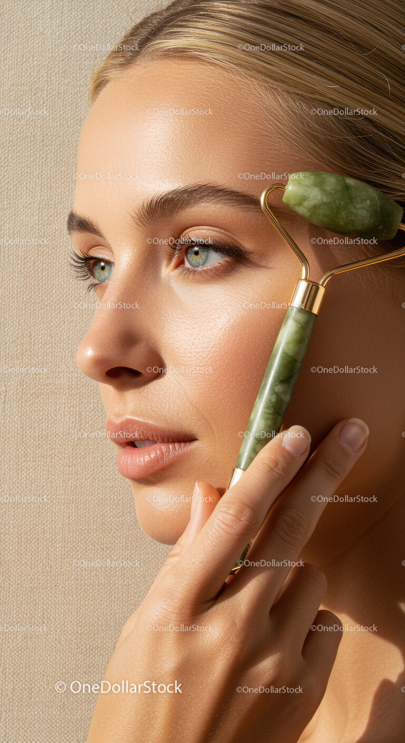 Close-up of a Woman Using Jade Roller for Facial Massage and Skin Care