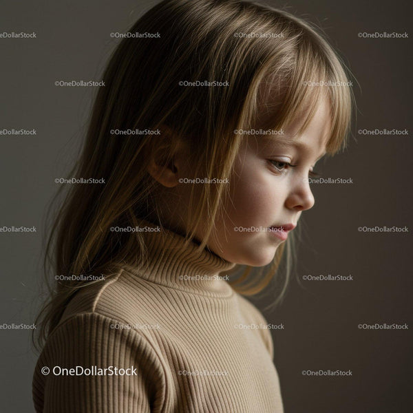 Thoughtful young girl in beige turtleneck sweater