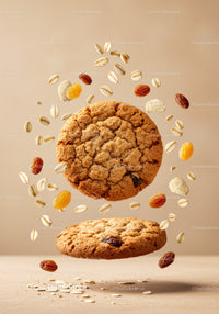 Oatmeal raisin cookies with scattered oats and dried fruits