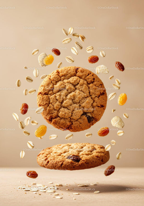 Oatmeal raisin cookies with scattered oats and dried fruits