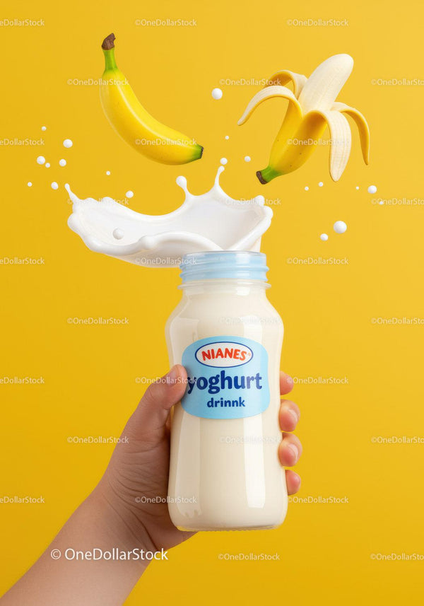 Hand Holding Banana Yogurt Drink with Splash on Yellow