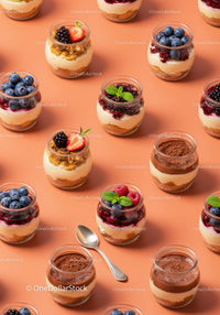 Assorted layered desserts with fresh berries in glass jars