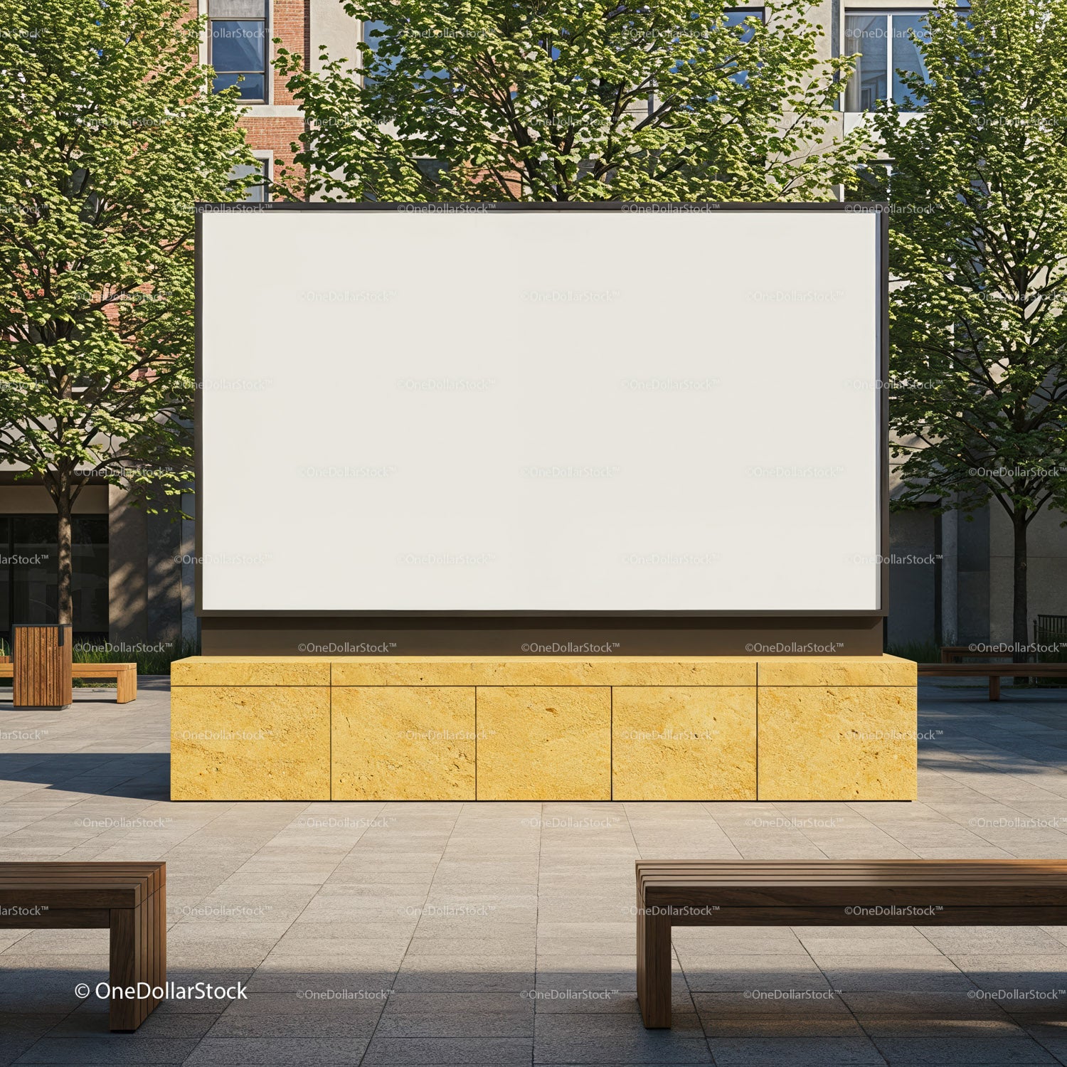 Empty Urban Billboard Surrounded by Trees and Benches
