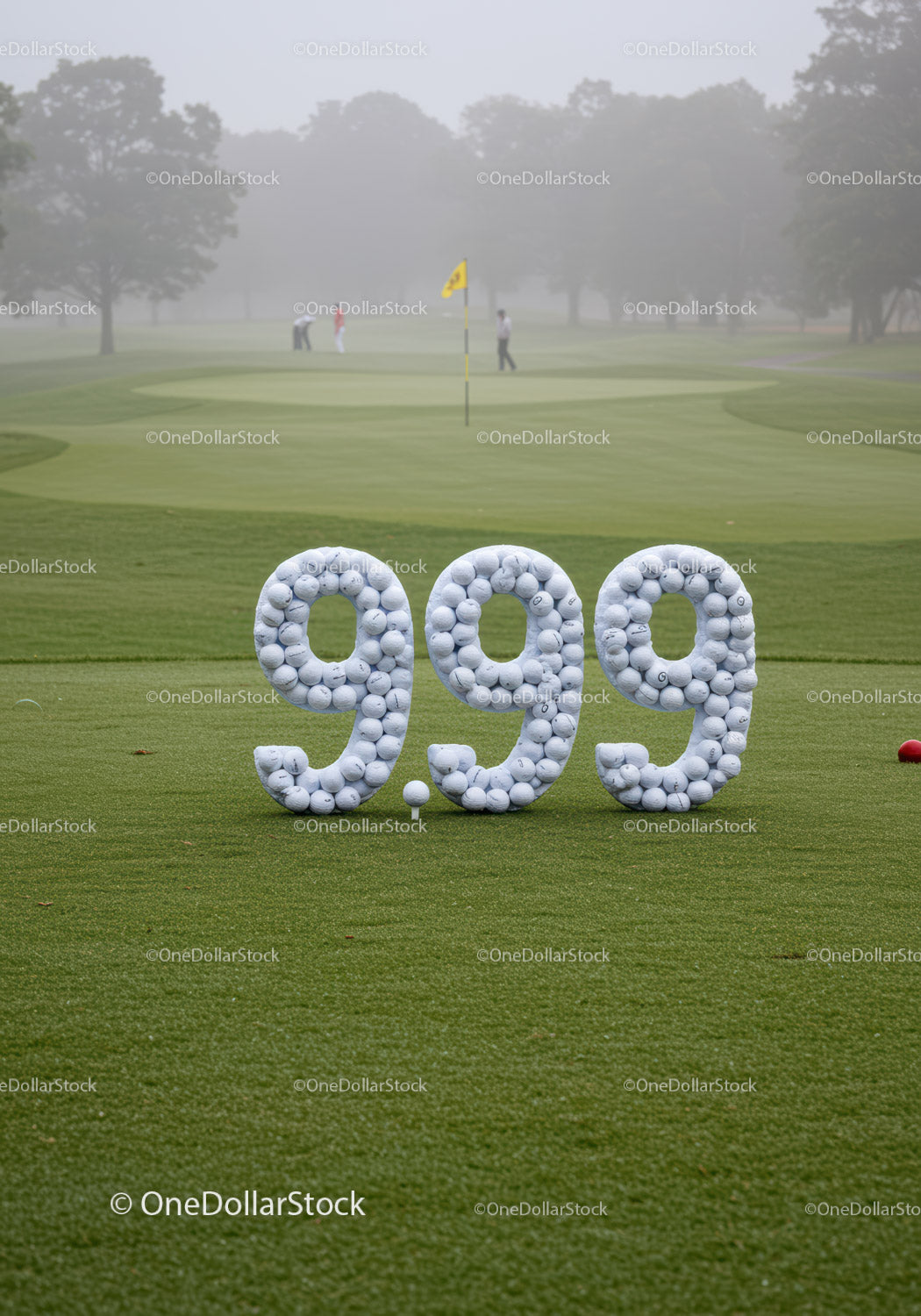 Golf Balls Forming Number 9.99 on Misty Course