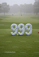 Golf Balls Forming Number 9.99 on Misty Course