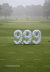 Golf Balls Forming Number 9.99 on Misty Course