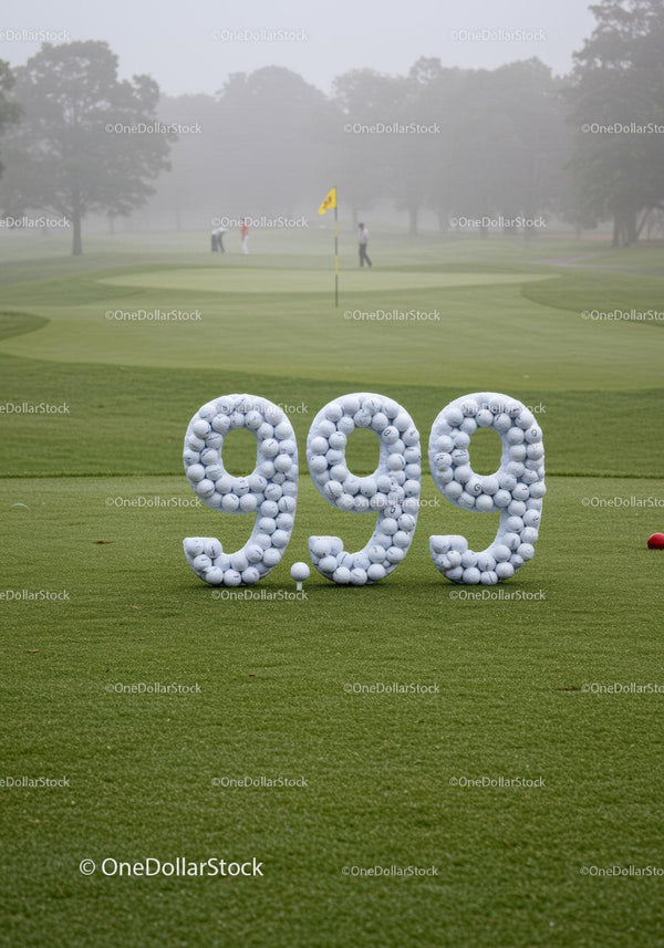 Piłki golfowe tworzące cyfrę 9,99 na mglistym polu golfowym