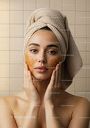 Young Woman Applying Face Mask with Towel Wrapped Hair in Spa Setting
