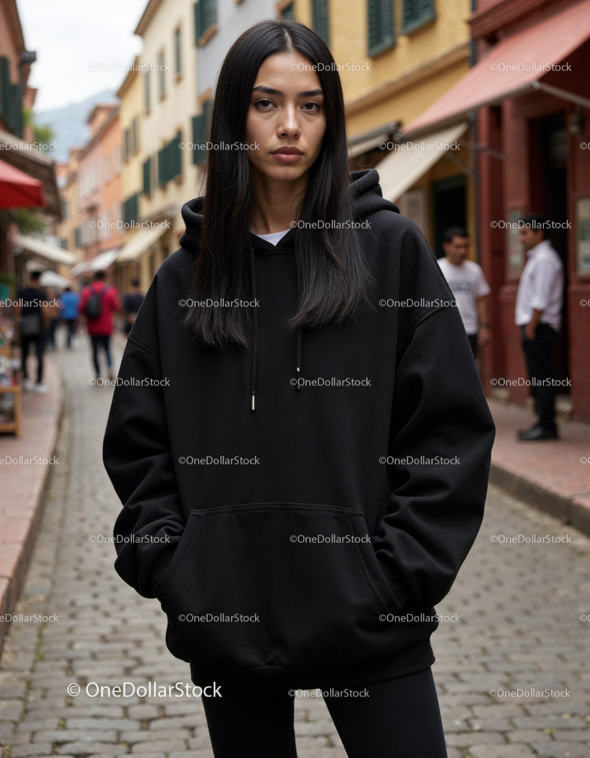 Fashionable Woman Wearing Black Hoodie in Urban City Street