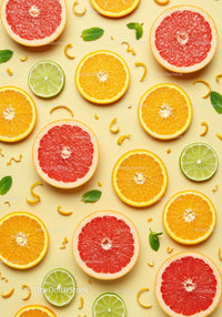 Fresh citrus fruit slices with mint leaves on yellow