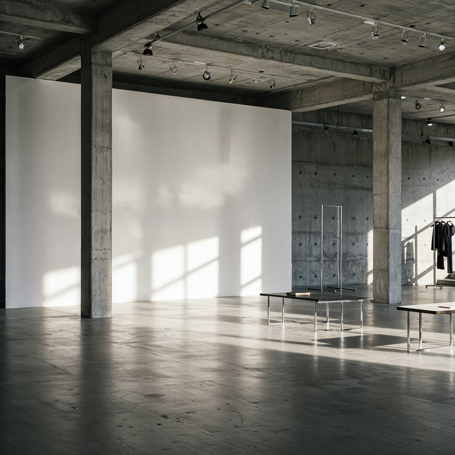 Empty Industrial Loft with Concrete Columns and Minimalist Interior