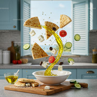 Fresh Mediterranean ingredients floating over bowl